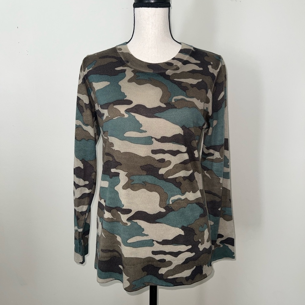 J Crew Med Camo Print 100% Merino Wool Crewneck 3/4 Sleeve Sweater